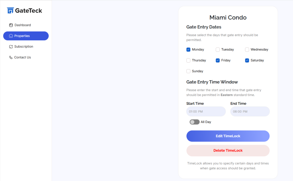 GateTeck TimeLock settings showing selected gate entry days and time windows for guest access at a Miami Condo.